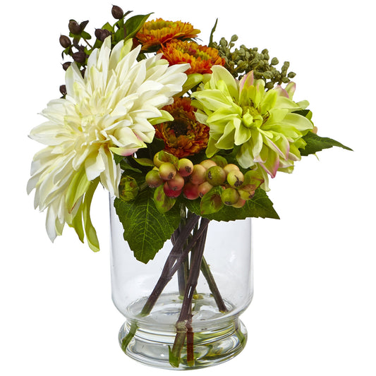 12" Mixed Dahlia and Mum with Glass Vase